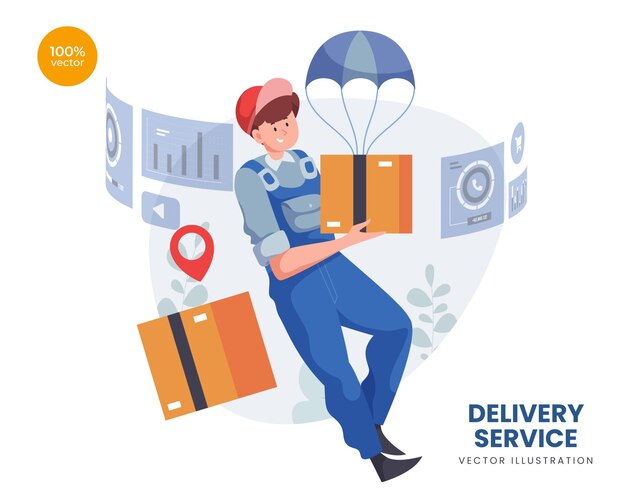 Concepto de servicio de entrega con caja de paquete de envío de mensajería o mercancías con globo de aire caliente y pantalla digital