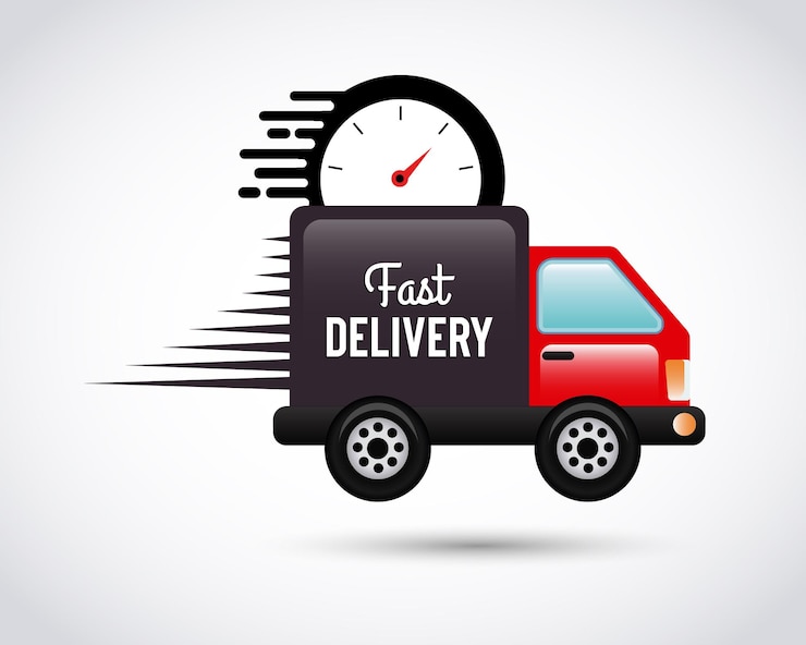 Vector concepto de servicio de entrega de camiones timer y inscripción de entrega rápida con cronómetro
