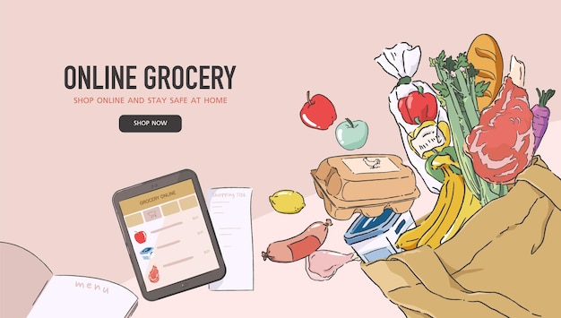 Concepto de servicio de entrega y compras de comestibles en línea. Compre a través de la aplicación en el dispositivo. Ilustración de diseño plano.