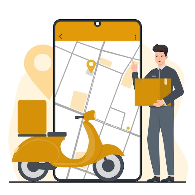 Concepto de servicio de entrega conjunto de efectivo en la entrega camión de carga scooter Ilustración plana vectorial