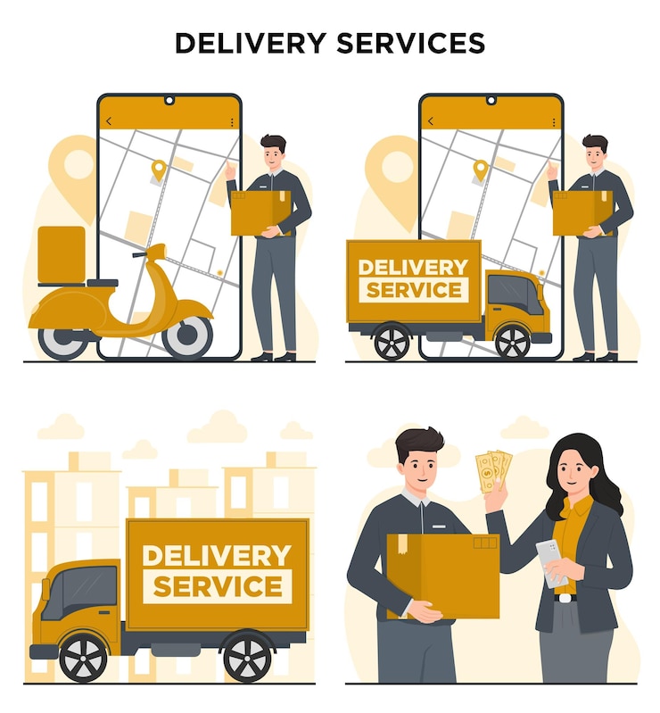 Vector concepto de servicio de entrega conjunto de efectivo en la entrega camión de carga scooter ilustración plana vectorial