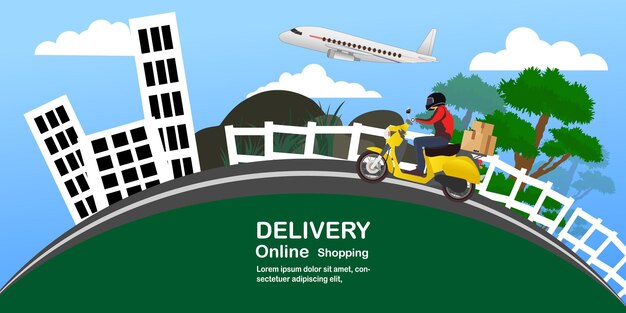 Concepto de servicio de entrega con entregas rápidas en scooter y avión en zonas rurales urbanas y en todo el mundo