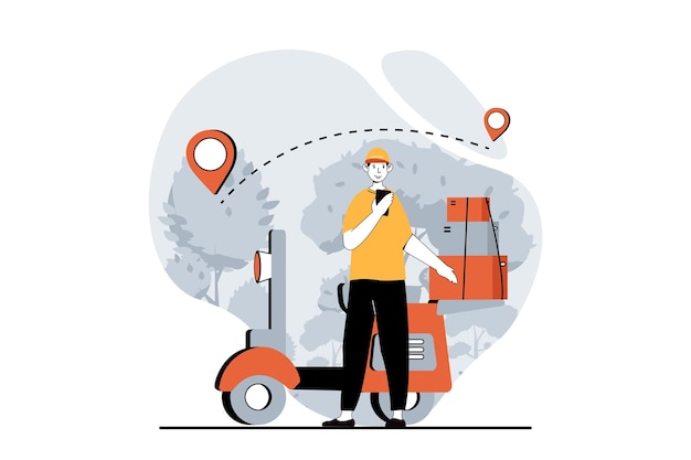 Concepto de servicio de entrega con escena de personas en diseño plano para la web Hombre mensajero con motocicleta llevando cajas con seguimiento en línea Ilustración vectorial para material de marketing de banner de redes sociales