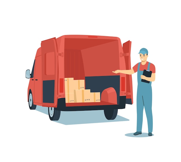 Concepto de servicio de entrega. Furgoneta de carga y mensajería. Ilustración vectorial.