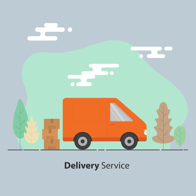 Concepto de servicio de entrega. furgonetas y cajas de cartón con signos frágiles.