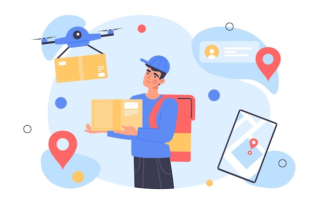 Concepto de servicio de entrega Hombre con caja y bolsa cerca de drones Inteligencia artificial y automatización de producción Compras en línea y comercio electrónico Ilustración de vector plano de dibujos animados