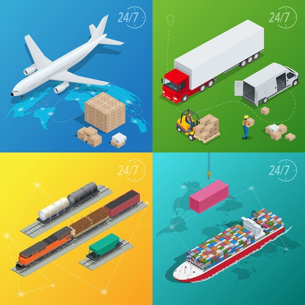 Concepto de servicio de entrega de ilustración vectorial de estilo plano. Entrega internacional y franqueo mundial. El tiempo de entrega. Correo electrónico y compras en línea. Ilustración de vector isométrico plano 3d