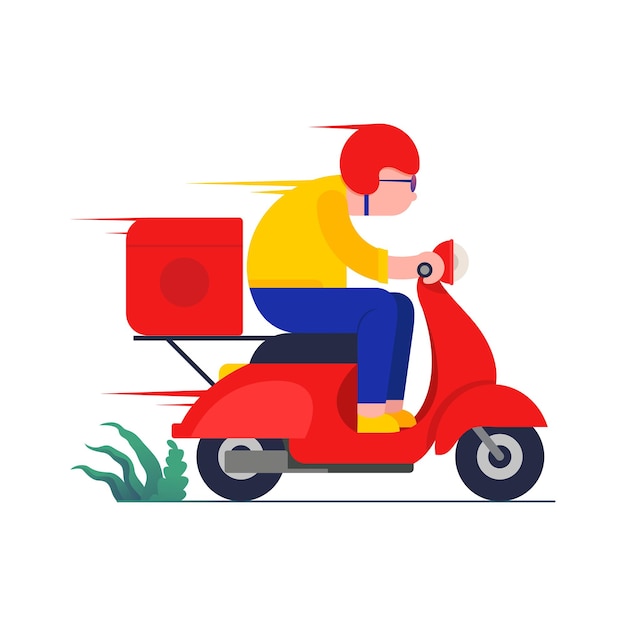 Concepto de servicio de entrega en línea Hombre de entrega montando una motocicleta roja Ilustración