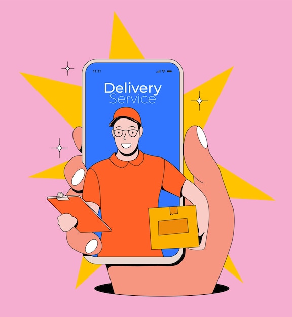El concepto de servicio de entrega en línea con la mano que sostiene el teléfono inteligente con mensajero o repartidor sale de la pantalla