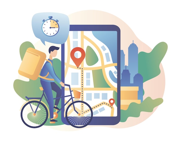 Concepto de servicio de entrega en línea Pequeño mensajero en bicicleta Seguimiento de pedidos Teléfono inteligente con aplicación móvil