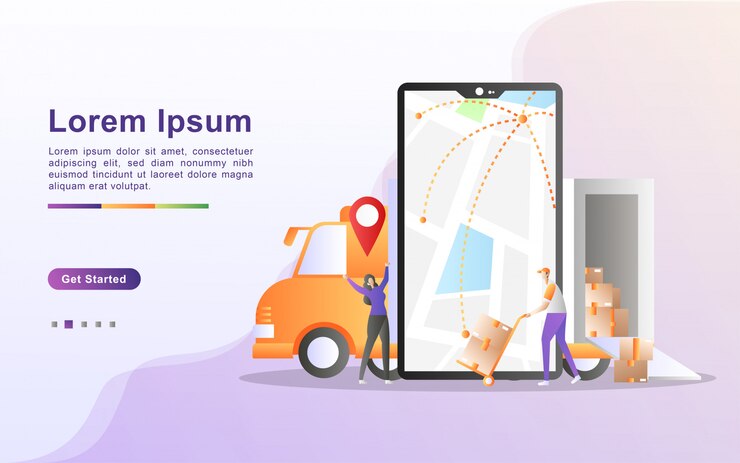 Vector concepto de servicio de entrega en línea, seguimiento de pedidos en línea, entrega a domicilio, entrega gratuita y rápida, carga en línea, distribución logística.