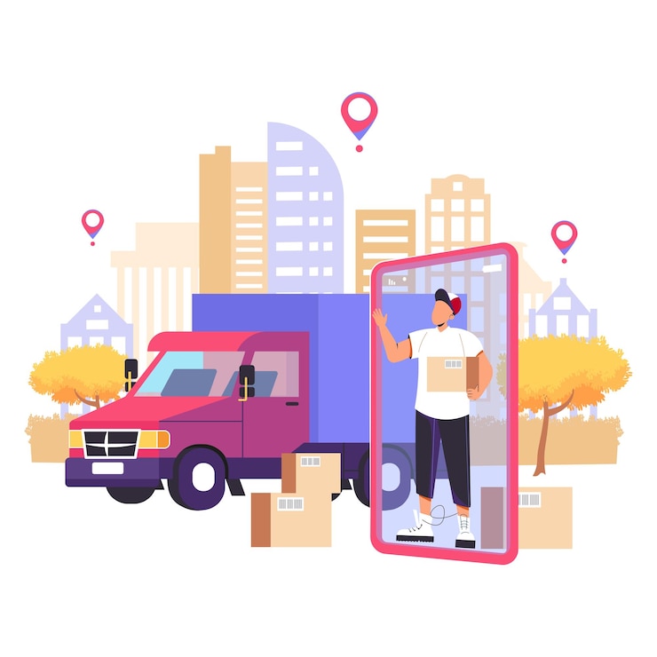 Vector concepto de servicio de entrega en línea, seguimiento de pedidos en línea. entrega a domicilio y oficina. logística de carga.