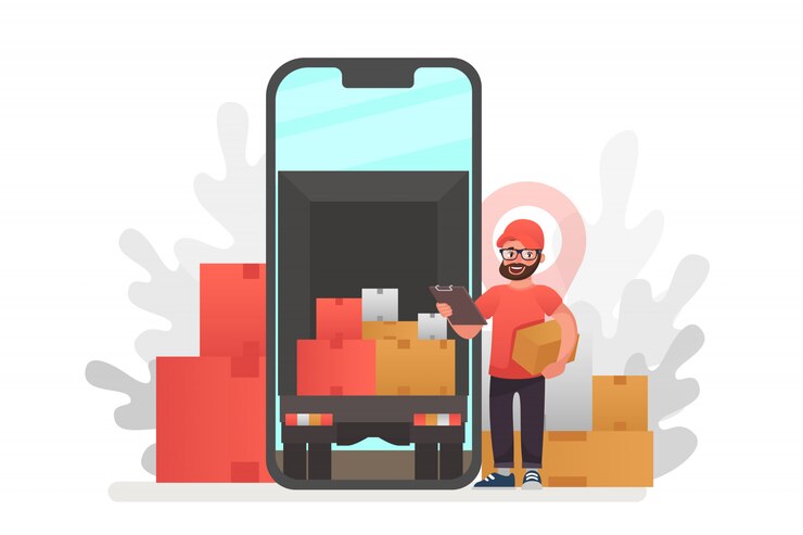 Vector concepto de servicio de entrega en línea, seguimiento de pedidos en línea. entrega a domicilio y oficina. logística de la ciudad