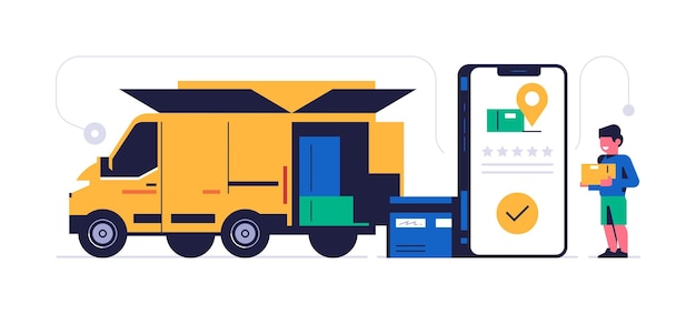 Concepto de servicio de entrega de paquetes en línea Concepto de aplicación móvil Teléfono con aplicación de entrega de paquetes en exhibición Camión con cajas de pedidos Un niño con una caja Tarjeta bancaria Ilustración vectorial plana