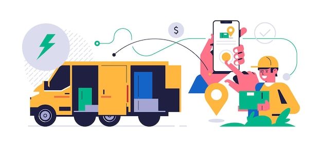 Concepto de servicio de entrega de paquetes en línea Concepto de aplicación móvil Teléfono de mano con aplicación de entrega de paquetes en pantalla Camión con cajas de mensajería con caja de pedido Ilustración de vector plano