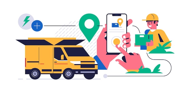 Concepto de servicio de entrega de paquetes en línea Concepto de aplicación móvil Teléfono de mano con aplicación de entrega de paquetes en pantalla Camión en forma de caja de mensajería Caja de mensajería Ilustración de vector plano