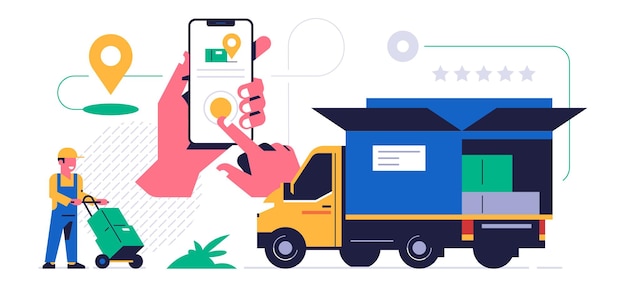 Concepto de servicio de entrega de paquetes en línea Concepto de aplicación móvil Teléfono de mano con aplicación de entrega de paquetes en pantalla Un mensajero lleva un carro con cajas de pedidos al camión Ilustración plana