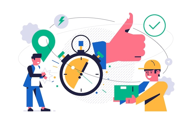 Concepto de servicio de entrega de paquetes en línea Servicio en línea para la entrega rápida de paquetes a su hogar Un hombre feliz recibe un pedido completado rápidamente de un mensajero Mensajero con caja Ilustración de vector plano