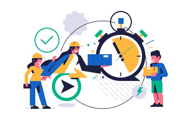 Concepto de servicio de entrega de paquetes en línea Servicio en línea para la entrega rápida de paquetes a su hogar El mensajero de la mujer entrega una caja de pedidos a un niño feliz Pedido completado rápido Ilustración plana