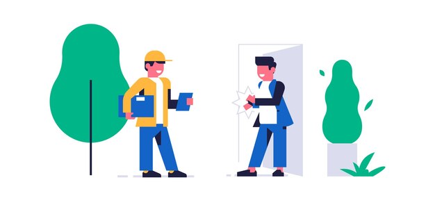 Concepto de servicio de entrega de paquetes en línea Servicio en línea para la entrega rápida de paquetes a su hogar El mensajero trajo la caja con el pedido al cliente Ilustración vectorial plana
