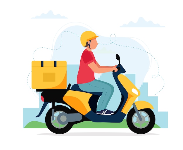 Concepto de servicio de entrega de scooter, personaje de mensajería masculina montando scooter con caja de entrega.