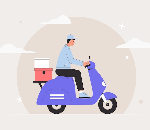 Concepto de servicio de entrega urgente en línea, mensajería en motocicleta o scooter, repartidor con caja de paquetería en la parte posterior. Ilustración de vector de estilo plano.
