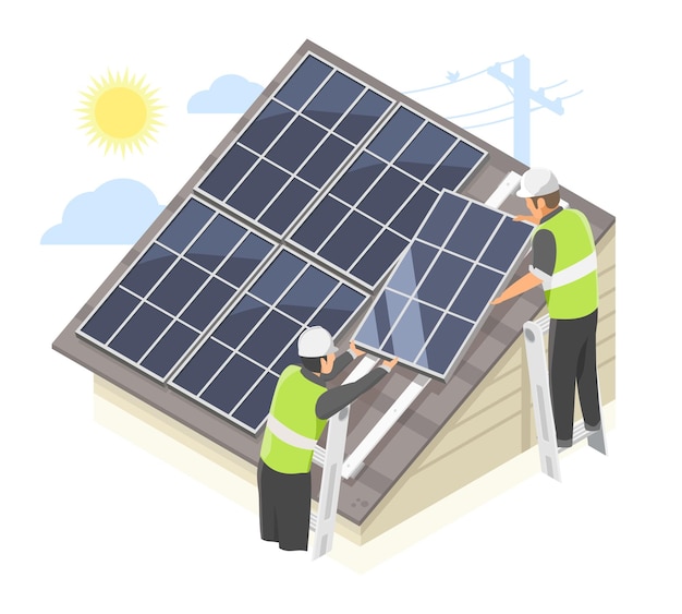 Vector concepto de servicio de equipo de instalador de techo solar para la ecología del hogar del cliente y eco isométrico