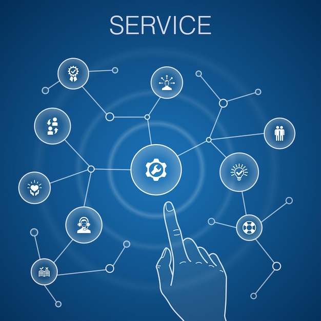 Concepto de servicio, fondo azul Solución, asistencia, calidad, iconos de soporte