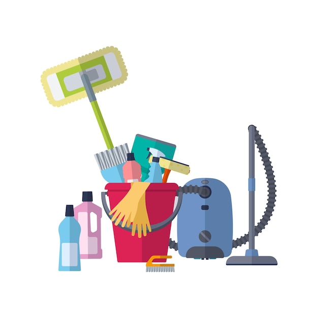 Concepto de servicio de limpieza Plantilla de póster para servicios de limpieza de casas con herramientas de limpieza