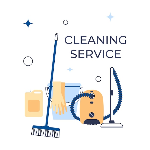 Concepto de servicio de limpieza Plantilla de póster para servicios de limpieza de casas con herramientas de limpieza