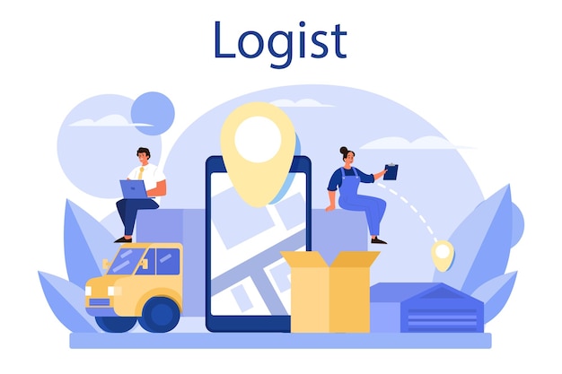 Concepto de servicio de logística y entrega Idea de transporte y distribución Cargador en uniforme entregando una carga Concepto de servicio de transporte Ilustración plana aislada