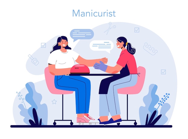 Concepto de servicio de manicurista. Trabajadora de salón de belleza. Tratamiento y diseño de uñas. El maestro de manicura está haciendo manicura, pedicura y arte de uñas. Ilustración de vector aislado