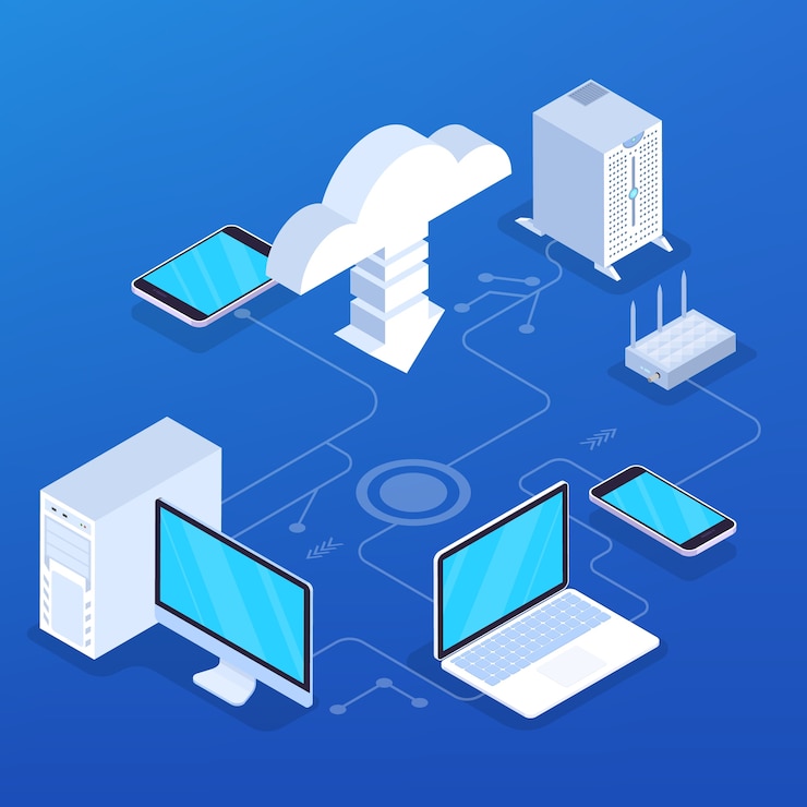 Vector concepto de servicio en la nube. idea de tecnología digital y almacenamiento de datos. conexión a internet y carga de información. ilustración isométrica