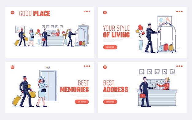 Concepto de servicio y personal del hotel. Página de destino del sitio web. El proceso de reunión y alojamiento de los huéspedes en el hotel. Conjunto de páginas web de dibujos animados esquema lineal plano.