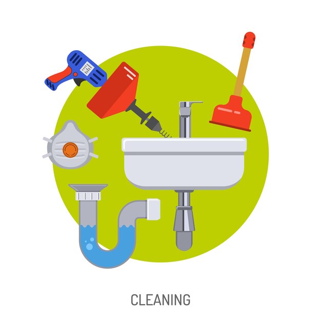 Concepto de servicio de plomería con fregadero de limpieza e iconos planos de herramientas de fontanero. Ilustración vectorial.