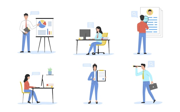 Concepto de servicio de recursos humanos y headhunter Candidatos de recursos humanos Gestión del rendimiento Buscar empleado Solicitante de empleo Personas Empleados Enviar CV para entrevistas Ilustración vectorial de estilo plano de dibujos animados