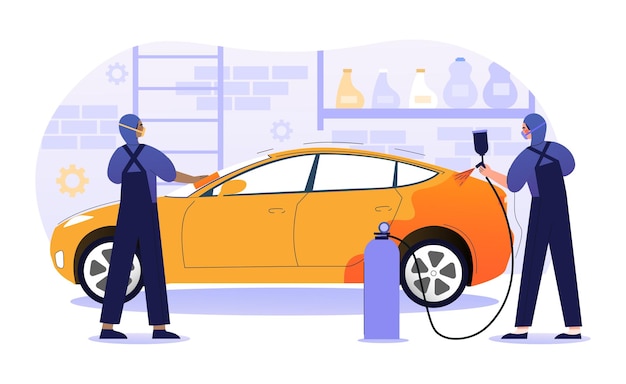 El concepto de servicio de reparación de pintura de automóviles los hombres actualizan el color del vehículo el empleado sostiene el pulverizador de pintura