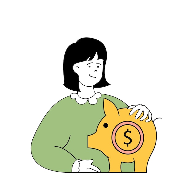 Concepto de servicio de seguros con gente de dibujos animados en diseño plano para web Mujer usando seguros bancarios de protección de inversiones y ahorros Ilustración vectorial para material de marketing de banners en redes sociales