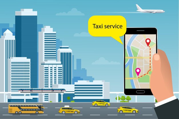 Concepto de servicio de taxi en línea. el hombre pide un taxi desde su teléfono celular. aplicación de servicio de taxi en pantalla. plantilla de tarjeta de visita vectorial. ilustración de vector plano para negocios, infografía, banner