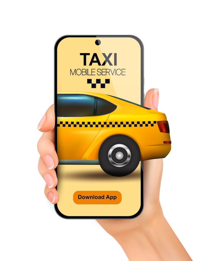 Vector concepto de servicio de taxi mantenimiento de teléfono inteligente con coche de taxi en la pantalla