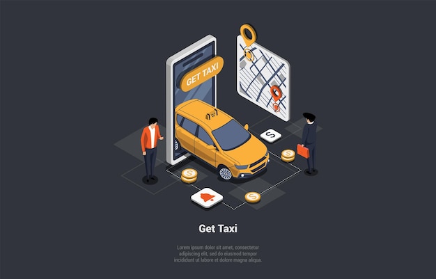 Concepto de servicio de taxi Teléfono móvil con aplicación de taxi y mapa Navi Servicio de pedido de taxi móvil en línea Taxi Yellow Cab y pasadores de punto de ruta GPS en la pantalla táctil del teléfono inteligente Ilustración vectorial 3d isométrica