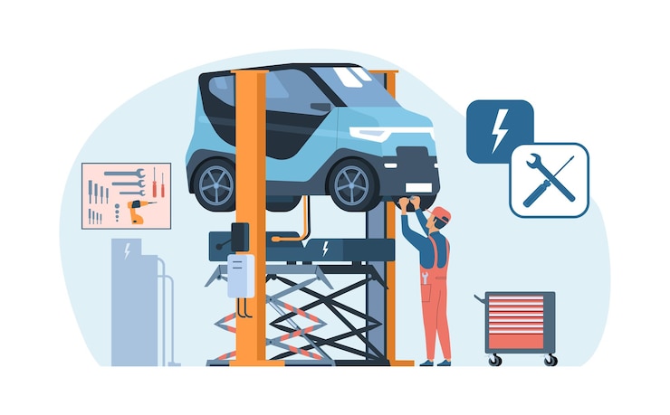 Vector concepto de servicio de vehículos eléctricos el mecánico quitó la batería del automóvil utilizando un ascensor y realiza reparaciones ilustración vectorial