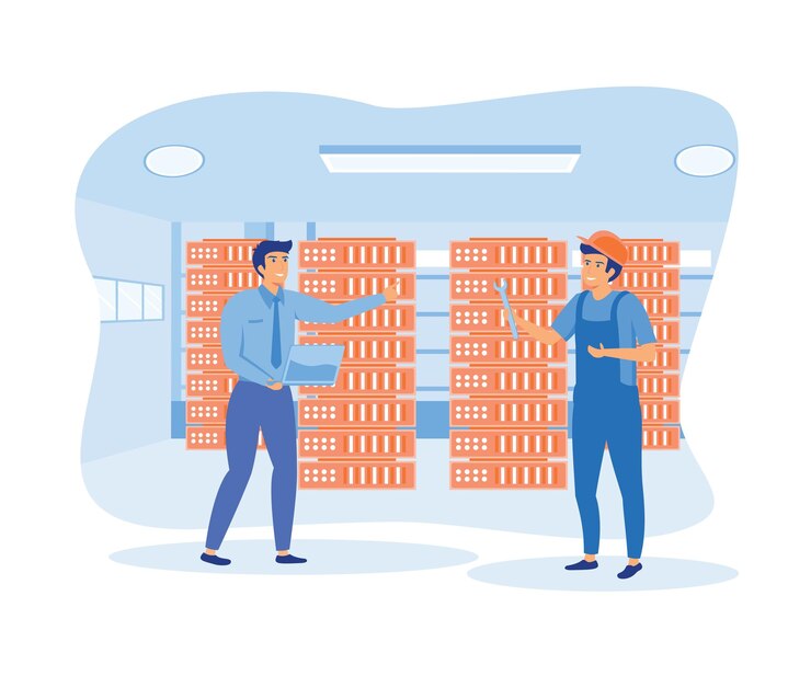Vector concepto de servicios de centro de datos ingenieros de servicios administradores de centros de datos