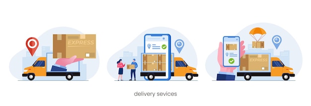 Concepto de servicios de entrega, aplicación de entrega en línea, vector de ilustración plana