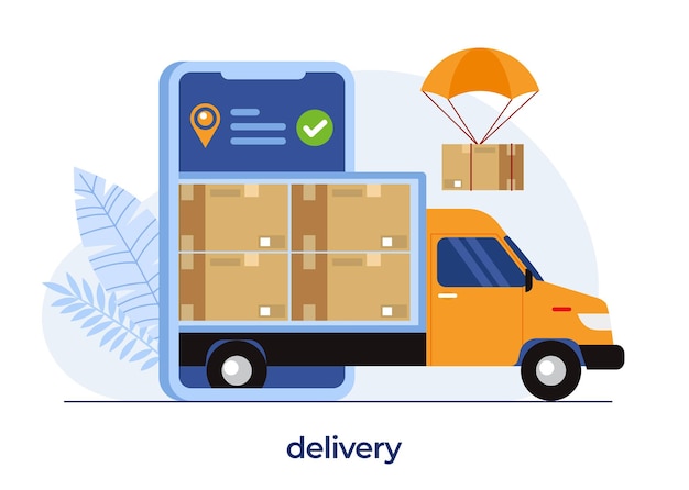 Vector concepto de servicios de entrega, aplicación de entrega en línea, ventilador con paquete, envío, vector de ilustración plana