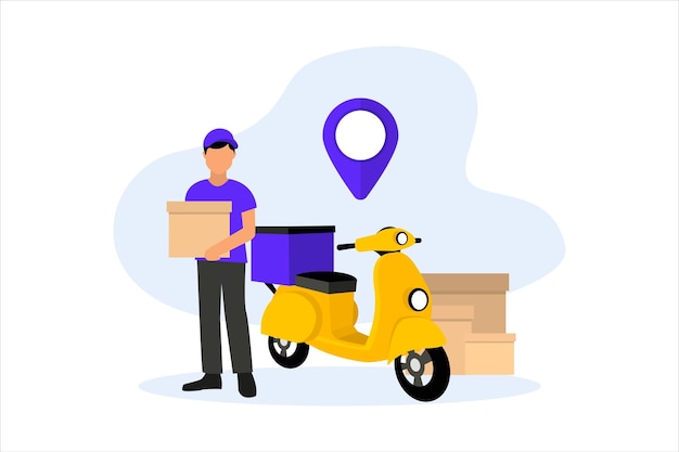 Concepto de servicios de entrega Entrega rápida en scooter Courier en scooter entregando caja de paquetería Concepto de logística inteligente Plantilla de banner web de servicio de entrega en línea Ilustración vectorial