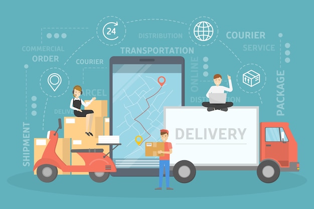 Concepto de servicios de entrega. Rápido y seguro. Mapa GPS con coordenadas de destino. Red logística mundial. ilustración