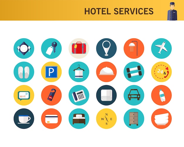 Concepto de servicios de hotel iconos planos.