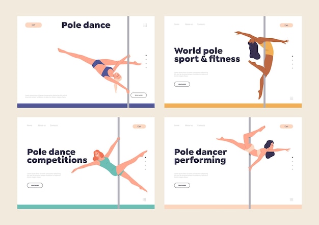 Concepto de servicios en línea de la escuela de pole dance o del estudio deportivo de la página de destino y el banner del sitio web