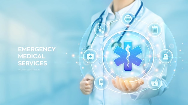 Concepto de servicios médicos de emergencia Médico sosteniendo en la mano el símbolo de emergencia Soporte médico en línea Primeros auxilios Medicina y aplicación de atención médica Ilustración vectorial